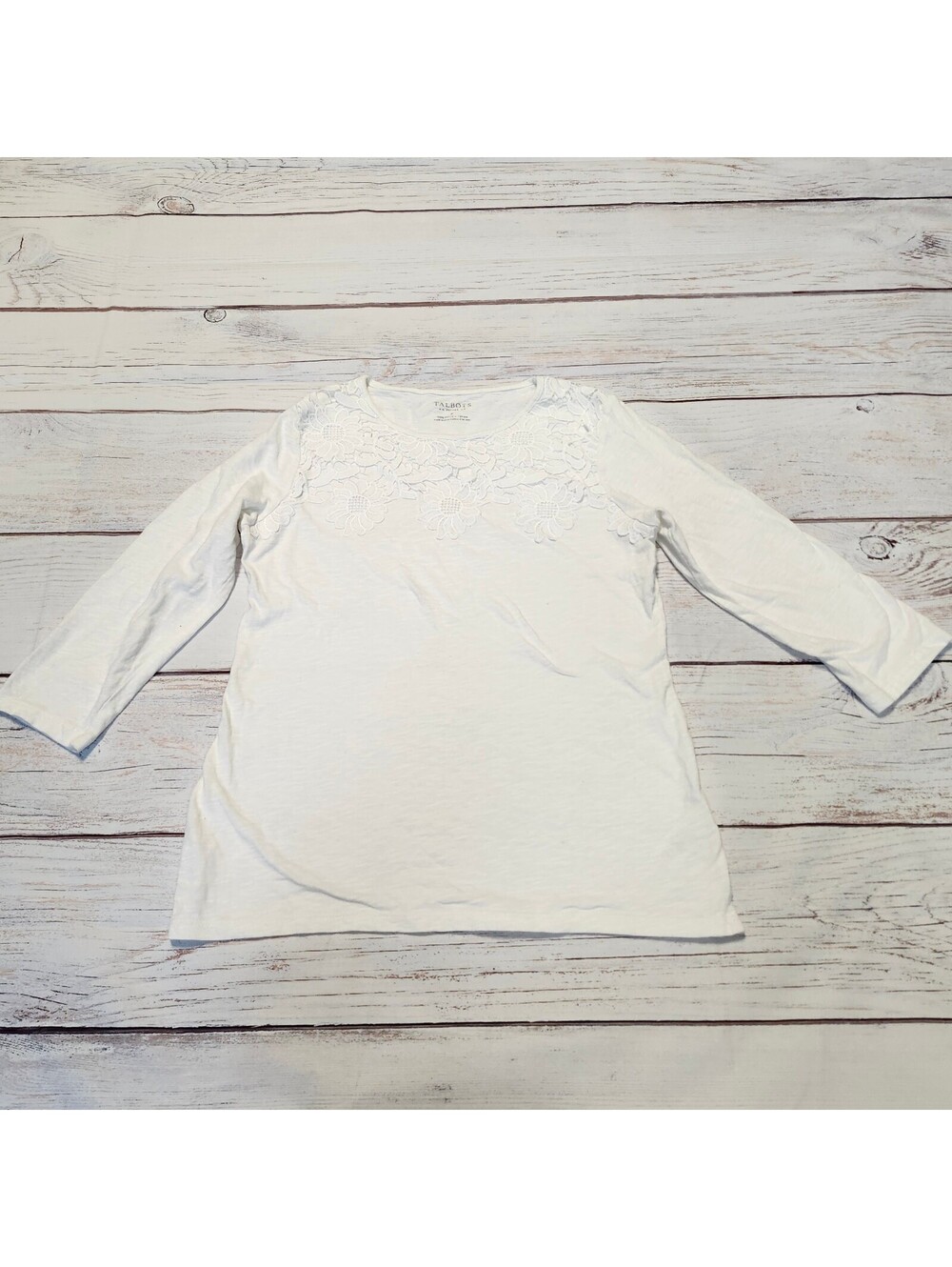 Talbots White Cotton Petites Long Sleeve Top with Floral Lace Detail Size P